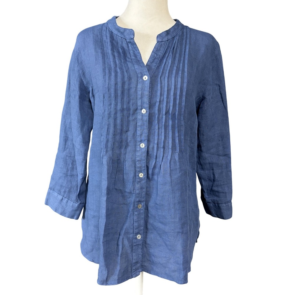 100% Lino Womens Blue Linen Pleated Button Up Tunic Top Size 38 Spain MOD 7018